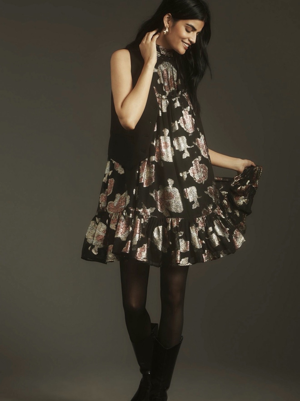 NWT Maeve by Anthropologie Halter Shine Swing Mini Dress Metallic Floral XL